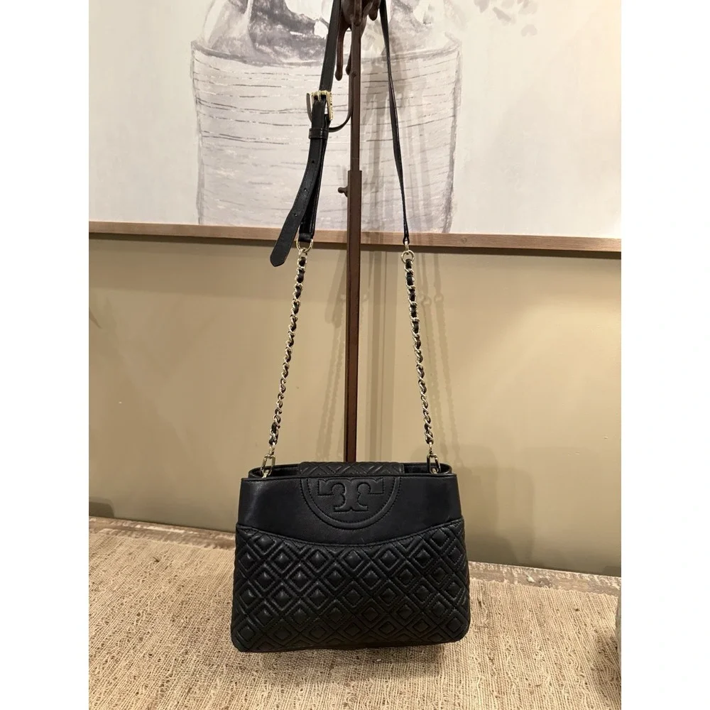Tory Burch Fleming Quilted Open Crossbody Shoulder Bag Purse Style Black‎